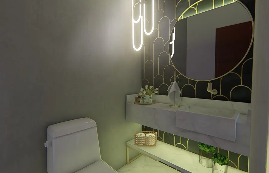 Detalhe da bancada e luminária do lavabo