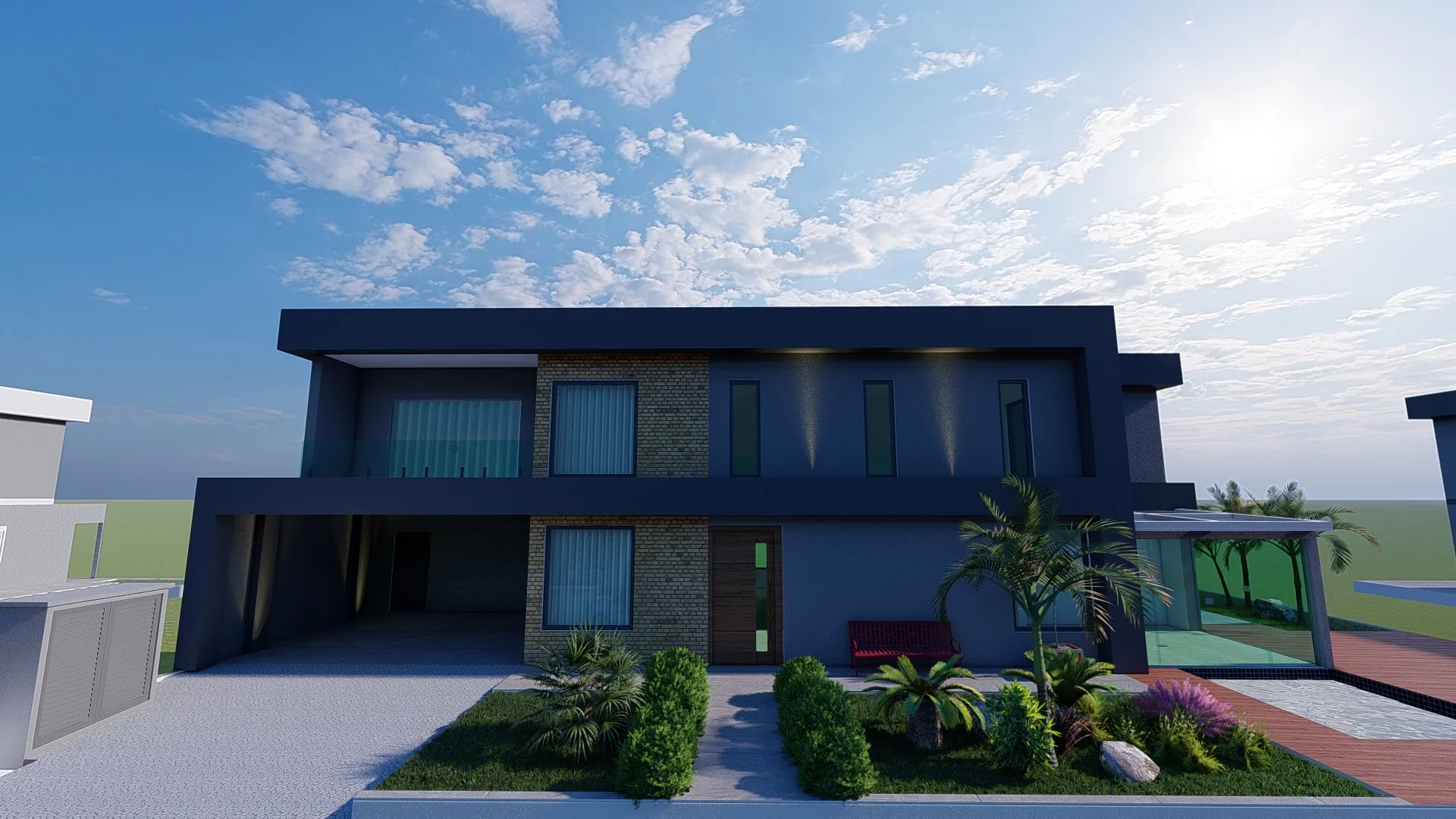 Fachada em azul-marinho com volume em pedra