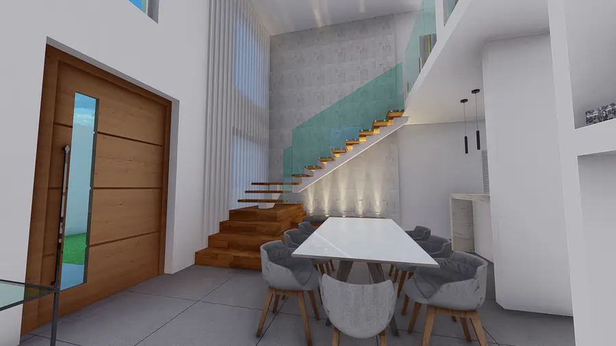 Sala de jantar com escada em madeira e guarda-corpo de vidro