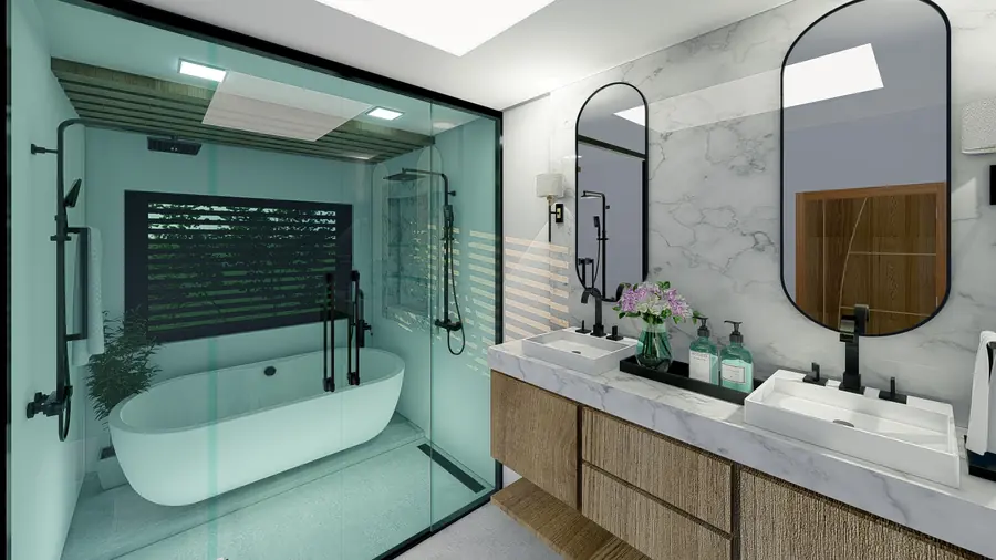 Banheiro do casal com banheira e box de vidro