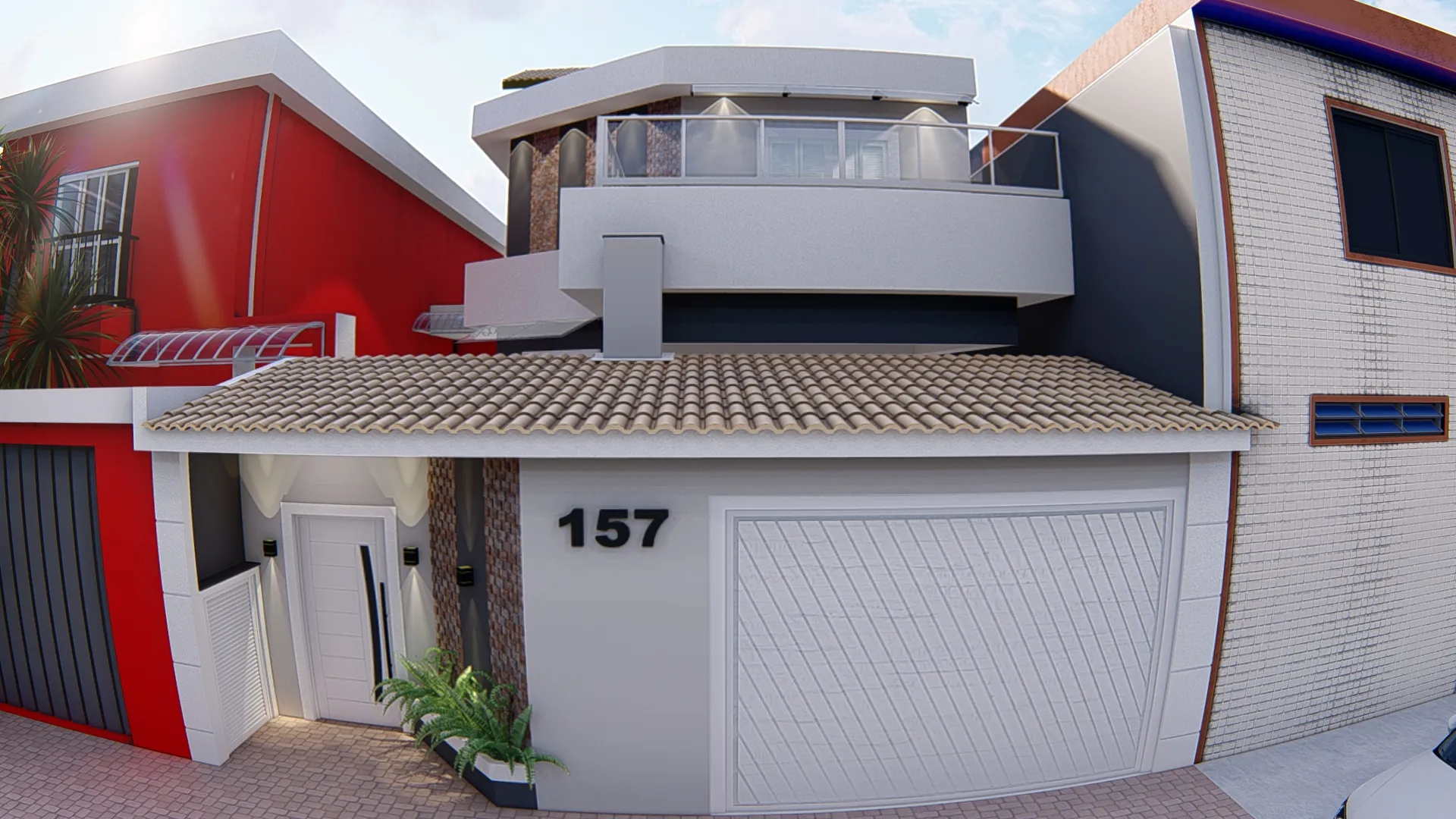 Render da fachada com pilares em pedra