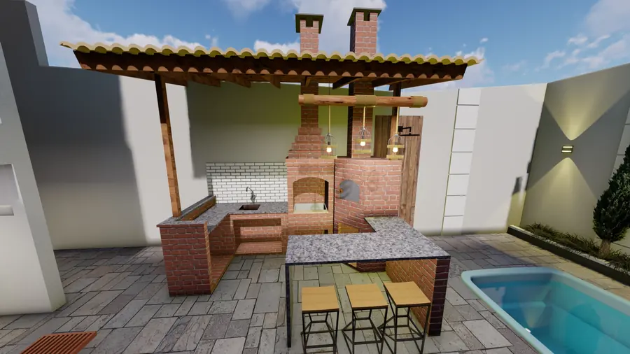 Render da churrasqueira com pergolado de madeira