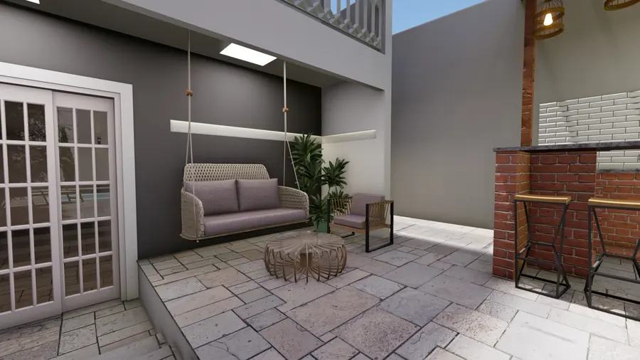 Render do espaço de estar coberto junto à churrasqueira
