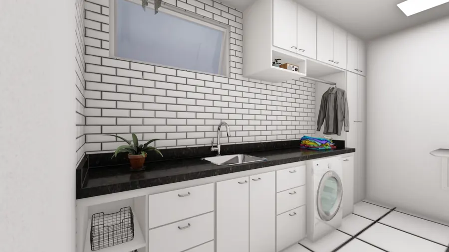 Render da lavanderia em branco e preto